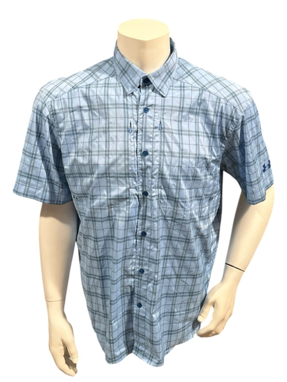 Under Armour Men’s Button Up Shirt Blue Plaid Pockets Short Sleeve XL